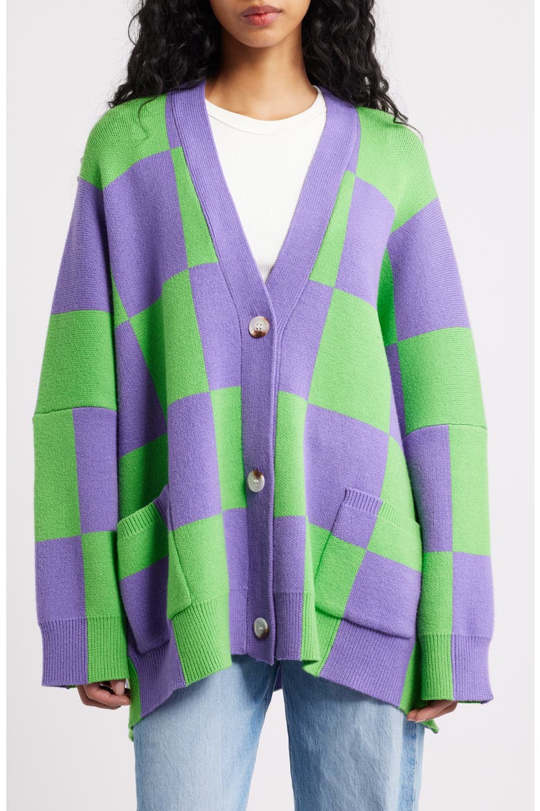 Love You Oversize Checkered Cardigan, Alternate, color, LAVENDER-GREEN