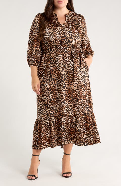 Leopard Print Long Sleeve Dress (Plus)
