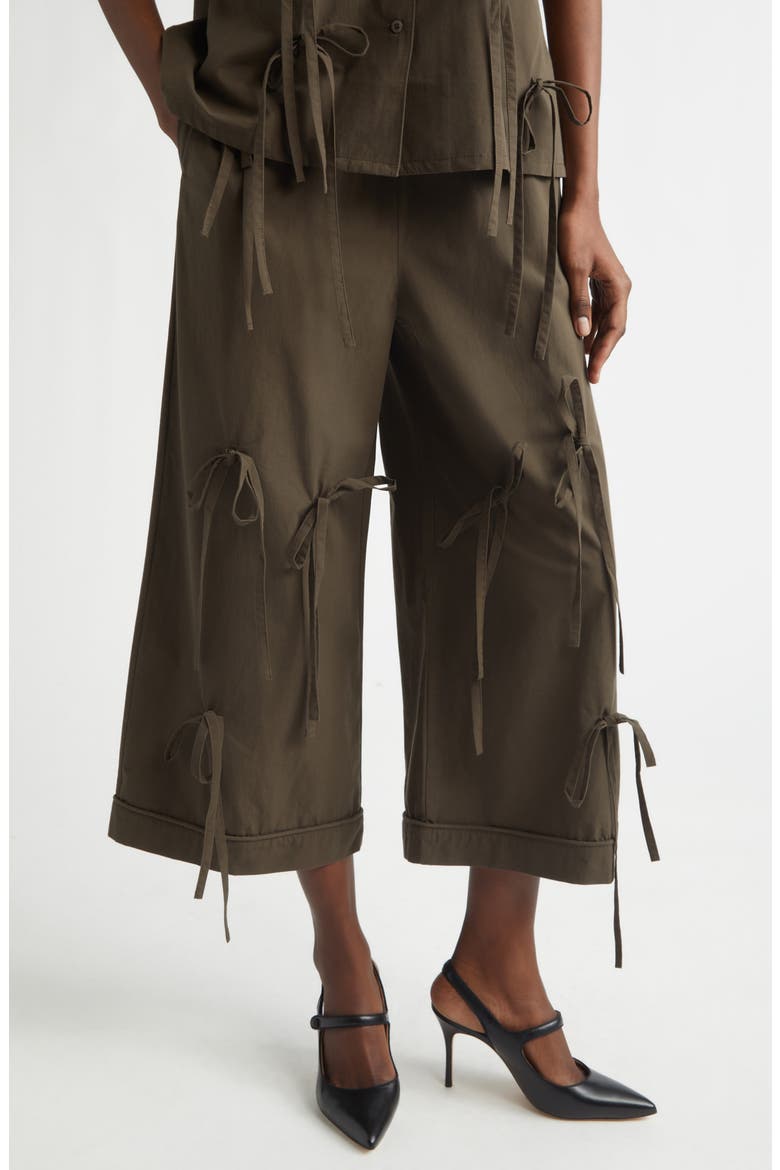 Bunny Bow Detail Cotton Wide Leg Pants, Main, color, BROWN
