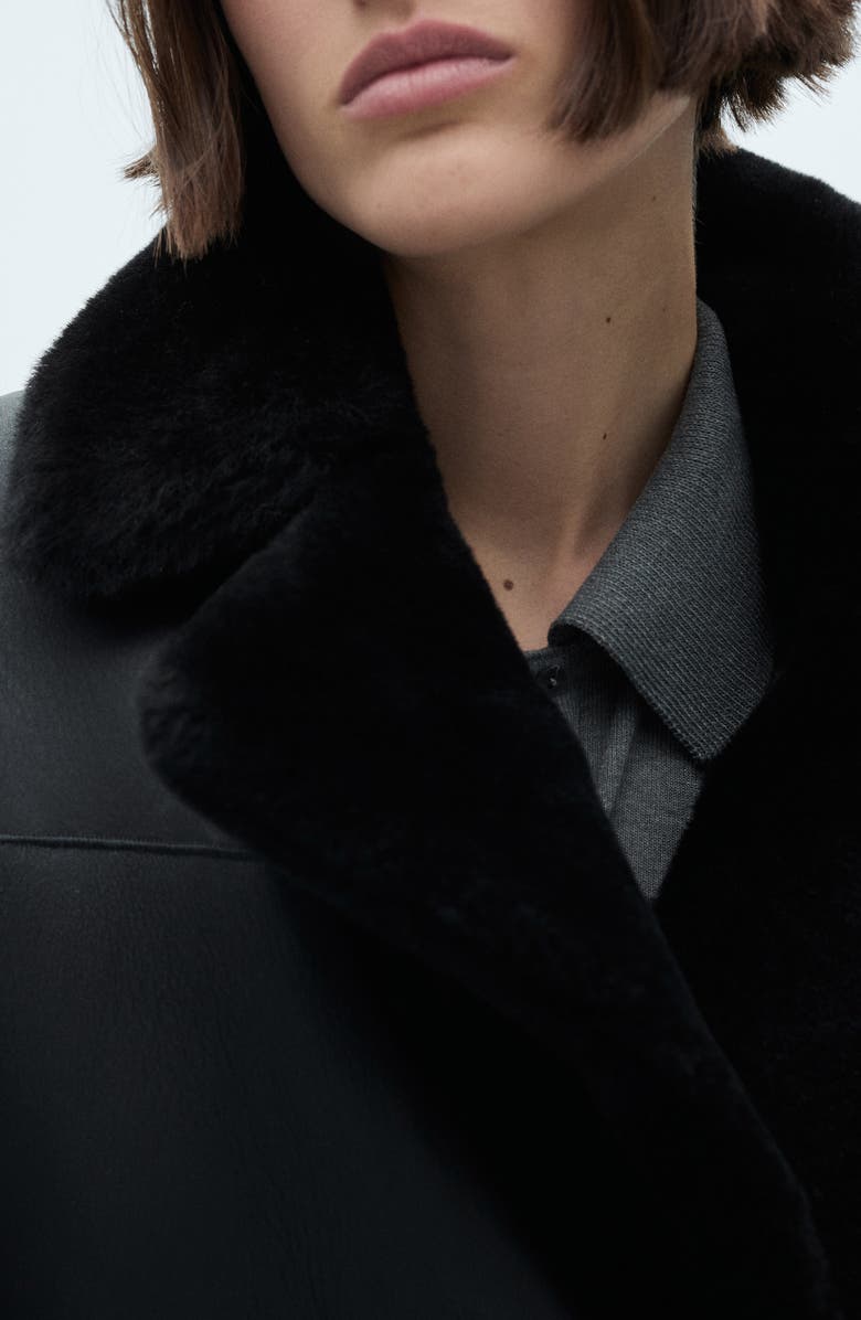 MANGO Faux Fur Collar Double Breasted Leather Jacket, Alternate, color, 