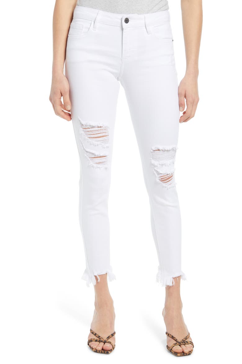 Ripped Raw Step Hem Ankle Skinny Jeans, Main, color, WHITE