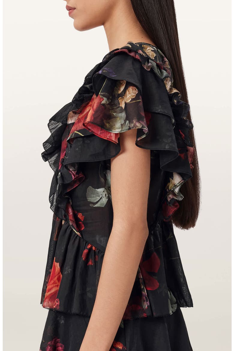 Alma Floral Print Ruffle Top, Alternate, color, HAZE BLACK