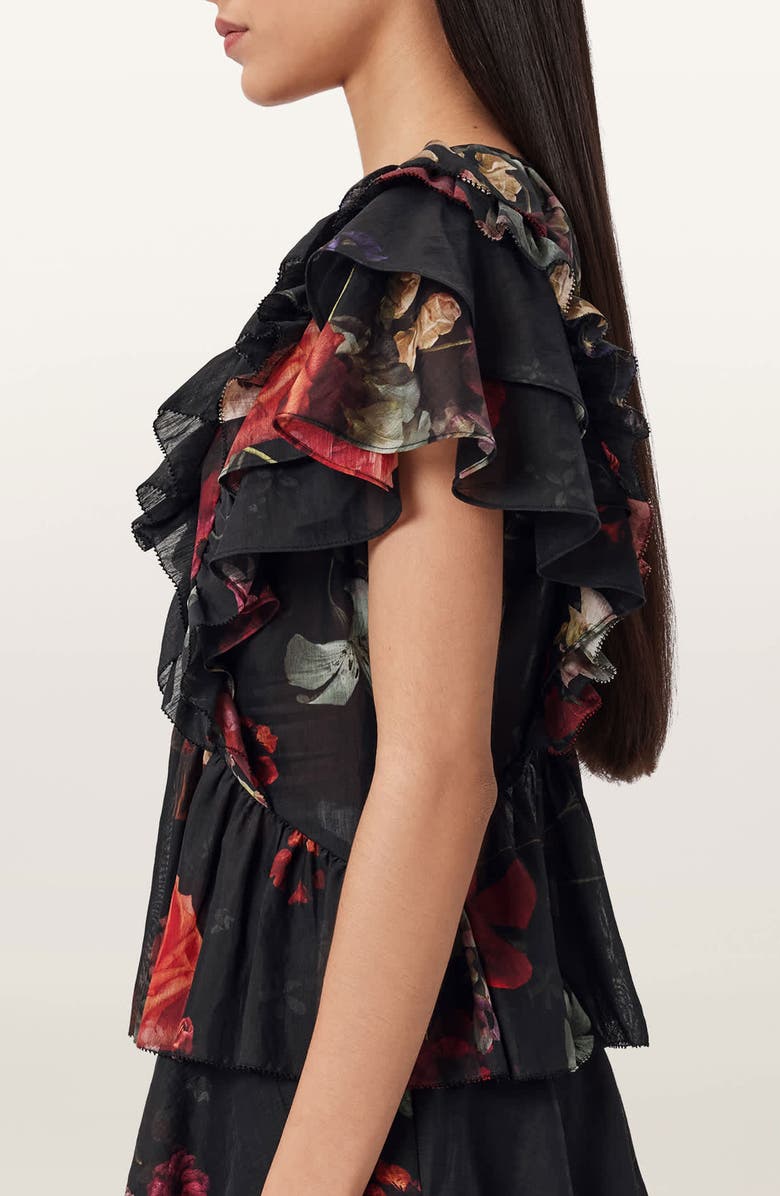 AllSaints Alma Floral Print Ruffle Top, Alternate, color, Haze Black