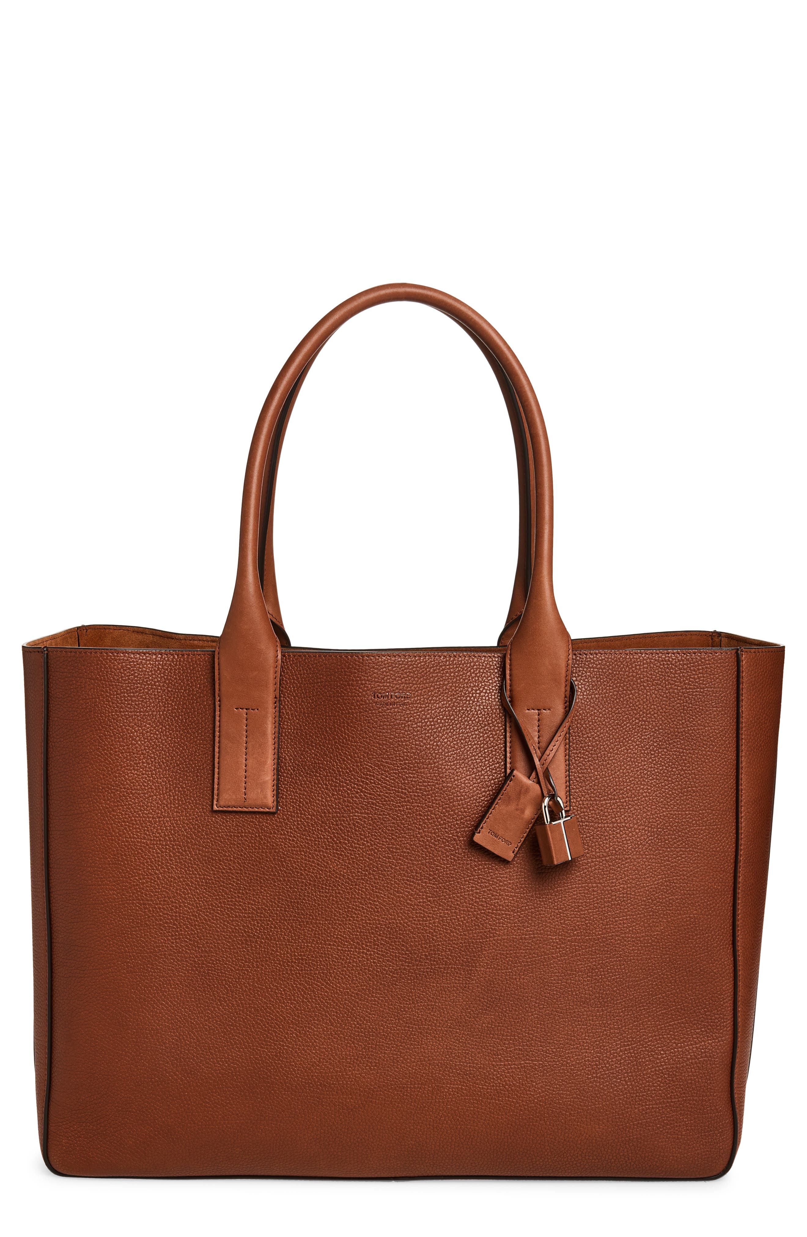 TOM FORD Grained Leather East/West Tote, Main, color, Brunette