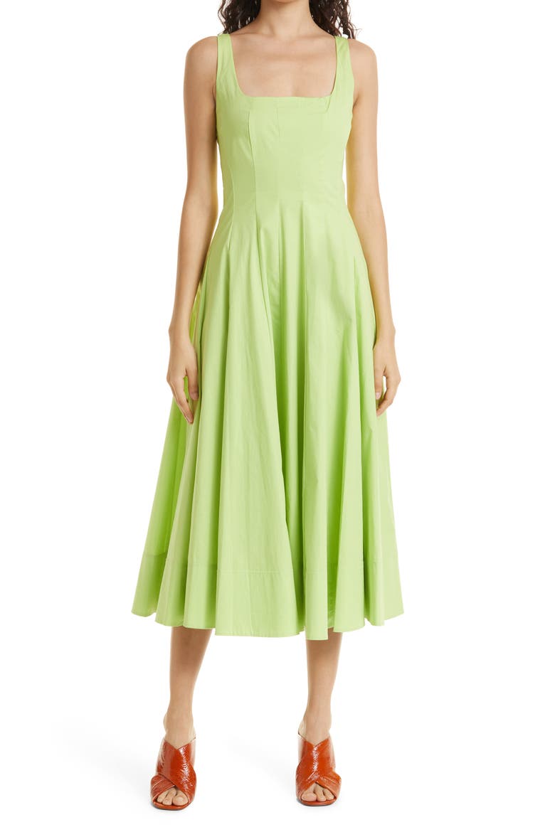 BIRKENSTOCK + STAUD Wells Stretch Cotton Poplin Midi Fit & Flare Dress, Main, color, LIME