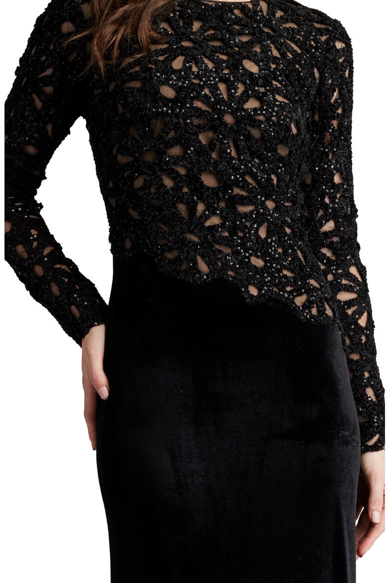 Sequin Lace Bodice Long Sleeve Velvet Gown, Alternate, color, BLACK/ NUDE