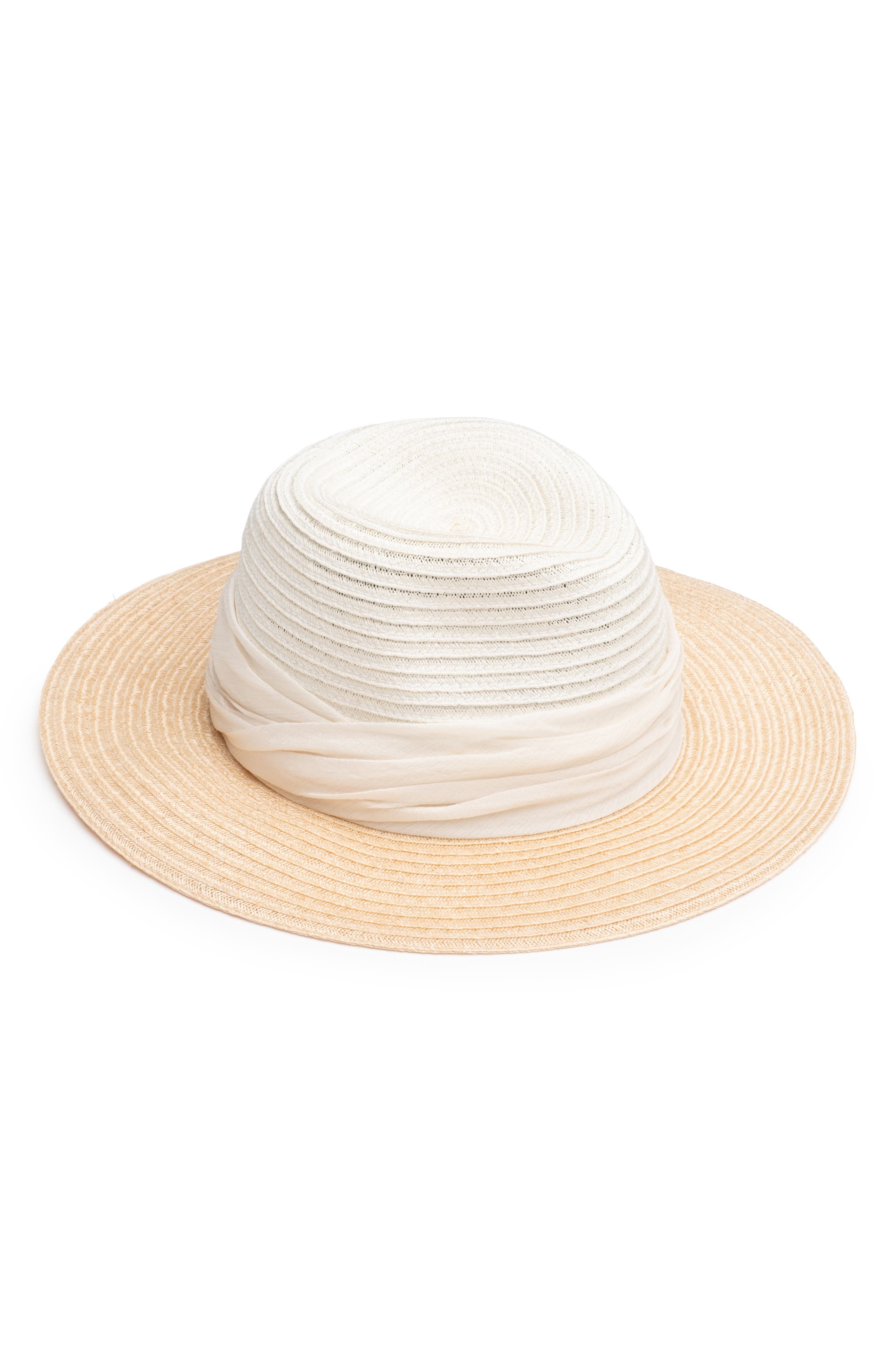 Eugenia Kim Ruched Tulle Wide Brim Packable Straw Fedora