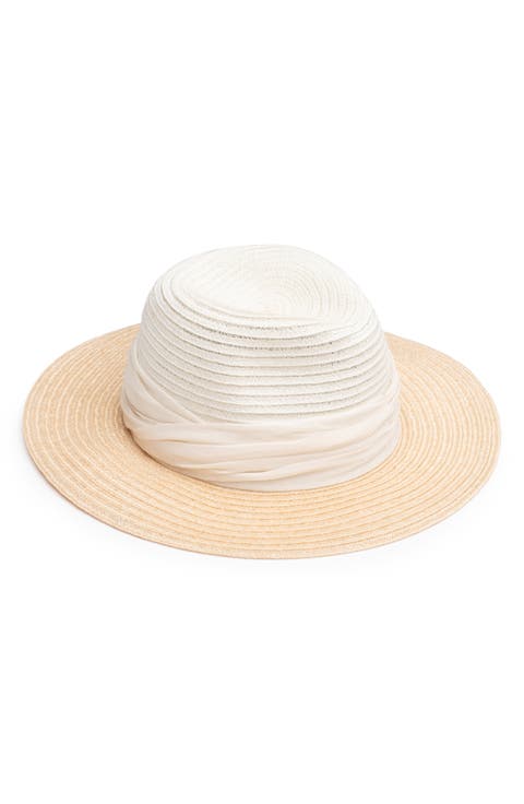 Ruched Tulle Wide Brim Packable Straw Fedora
