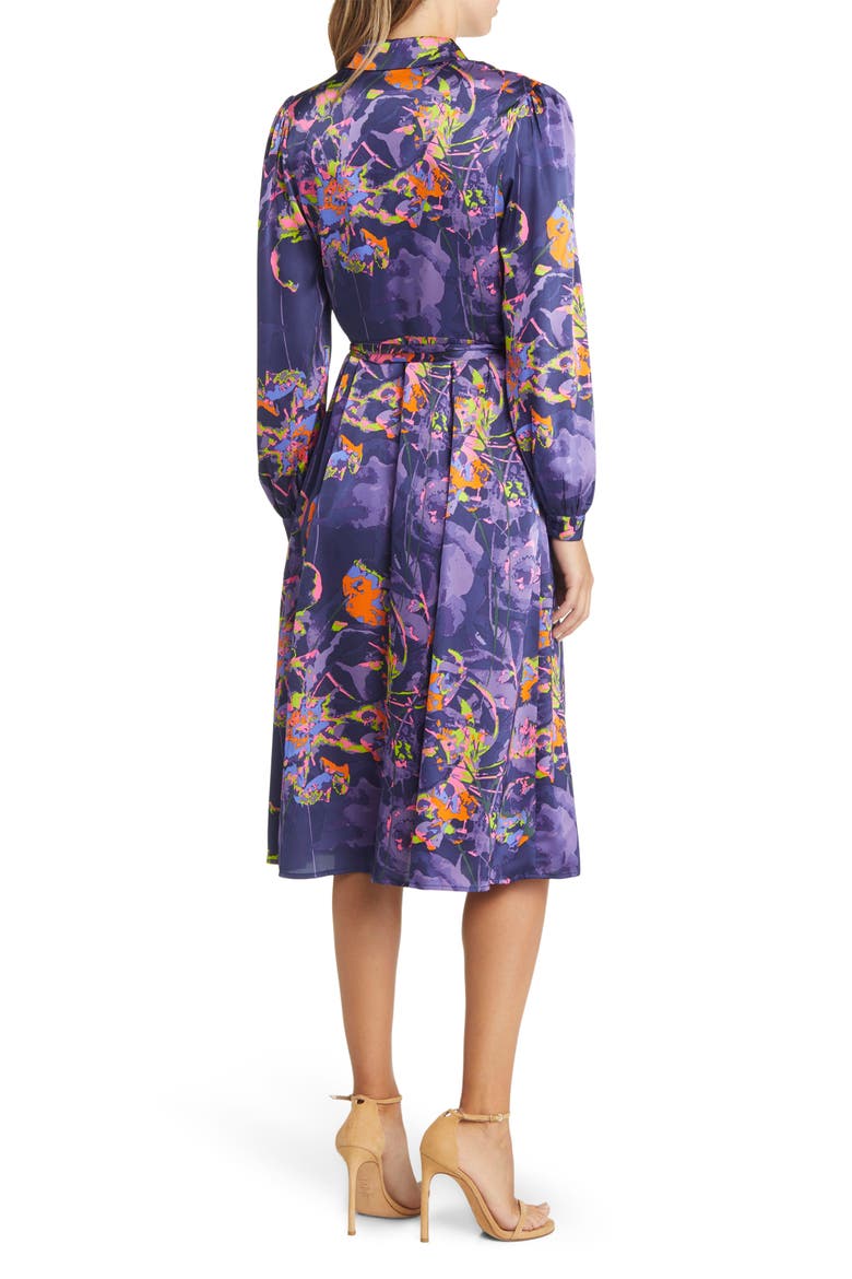 Neon Floral Long Sleeve Tie Waist Shirtdress, Alternate, color, NAVY