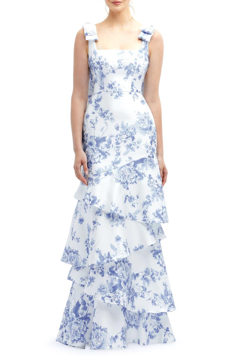 Dessy Collection Floral Print Ruffle Tie Strap Gown, Main, color, Cottage Rose-Larkspur Print