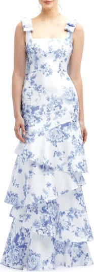Dessy Collection Floral Print Ruffle Tie Strap Gown | Nordstrom