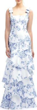 Dessy Collection Floral Print Ruffle Tie Strap Gown