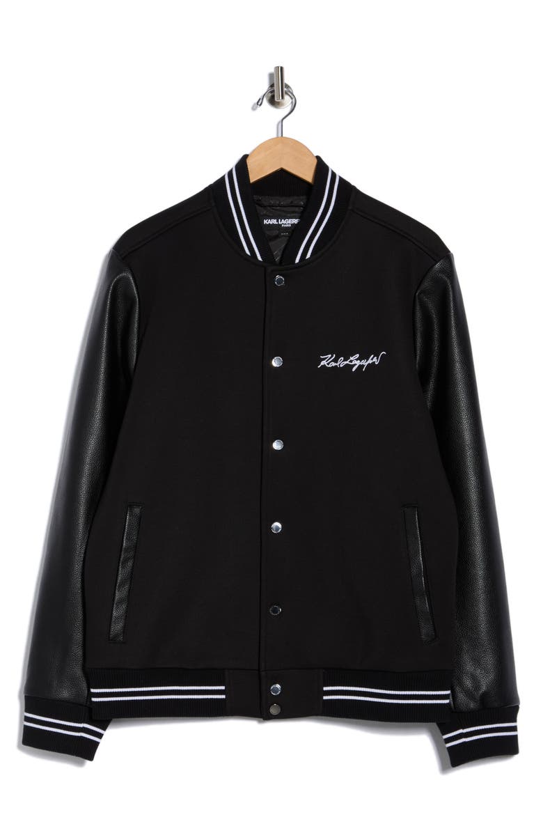 KARL LAGERFELD PARIS Mixed Media Varsity Jacket, Alternate, color, Black White