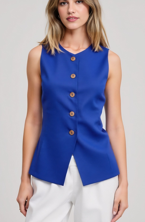 Modenaire Sleeveless Button Front Tailored Fit Asymmetrical Hem Vest In Blue