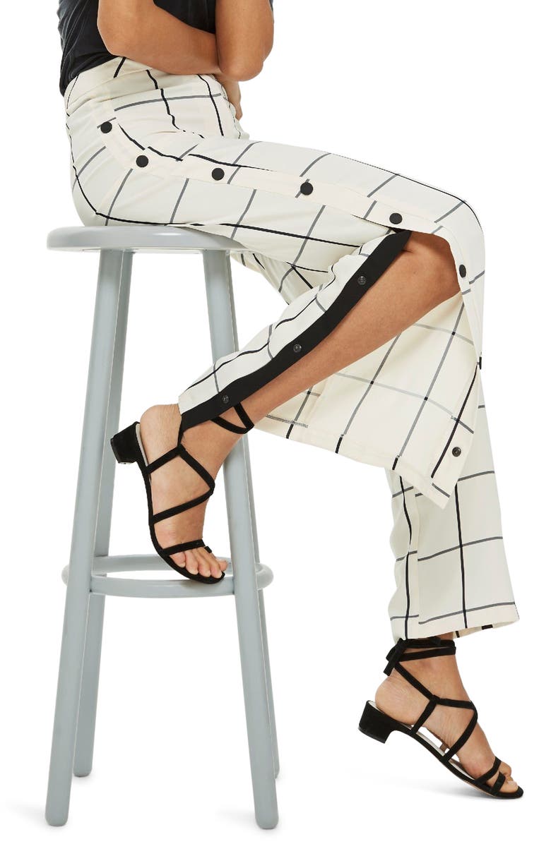 Topshop Check Popper Wide Leg Trousers, Alternate, color, Monochrome