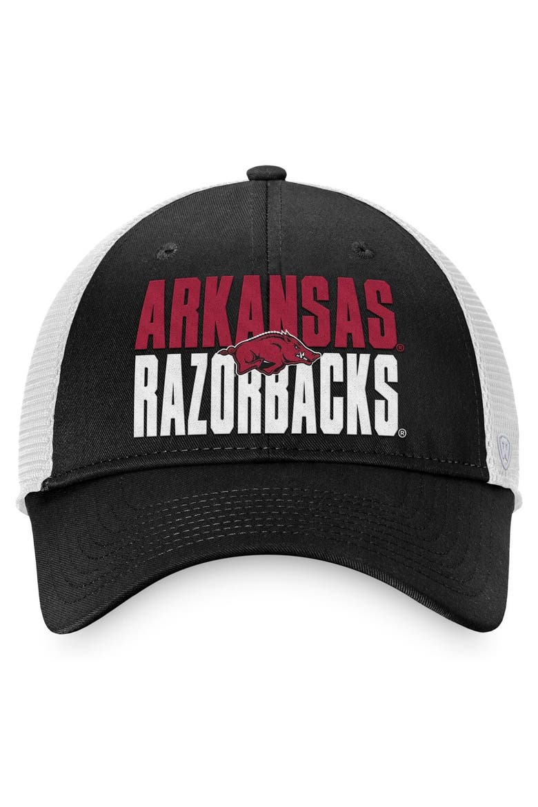 Men's Top of the World Black/White Arkansas Razorbacks Stockpile Trucker Snapback Hat, Alternate, color, Black