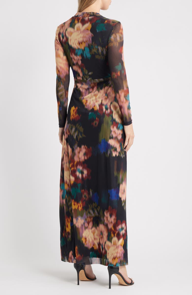 Anne Klein Blurred Floral Twist Front Long Sleeve Mesh Maxi Dress, Alternate, color, Blurred Floating Flora
