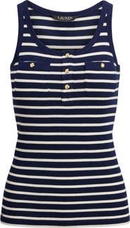 Lauren Ralph Lauren Stripe Button Trim Rib Knit Tank Top
