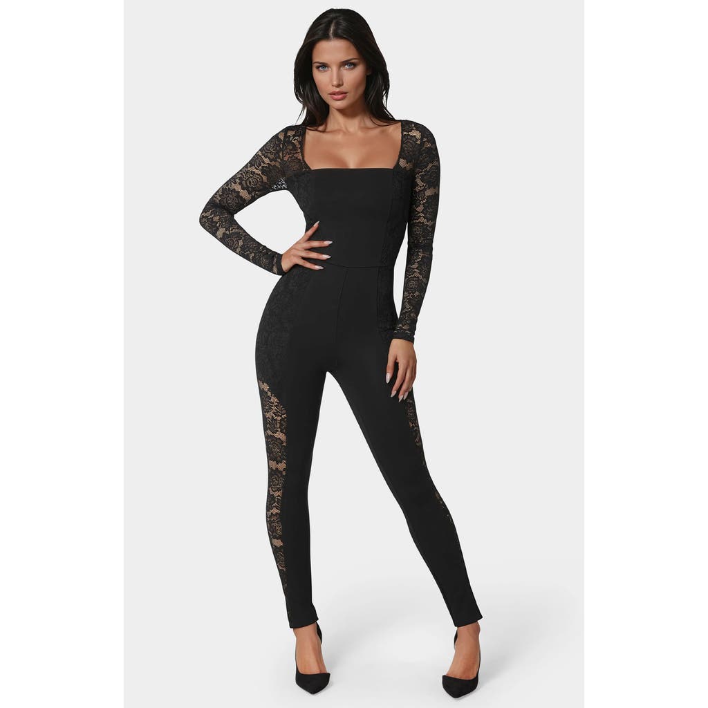 Bebe Lace Combo Cat Suit In Black