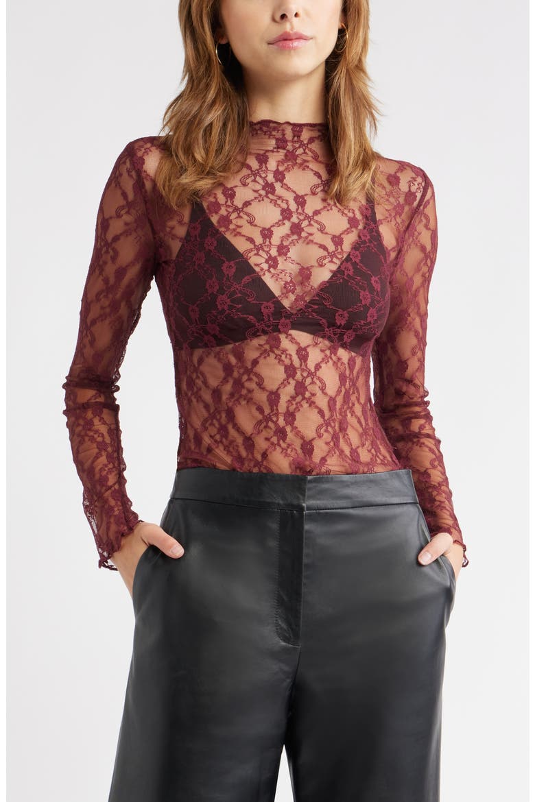 Floral Stretch Lace Top, Main, color, BURGUNDY TANNIN