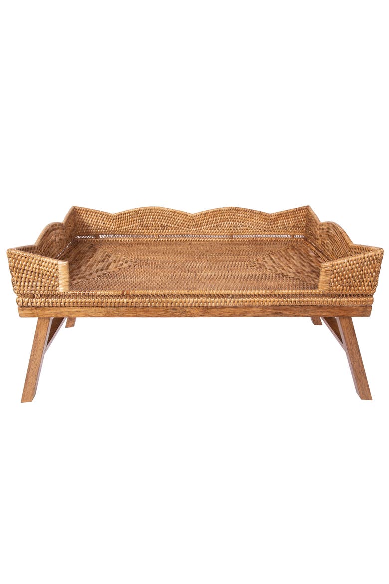 Artifacts Rattan Scallop Design Breakfast Tray with Wooden Legs, Main, color, Honey Brown