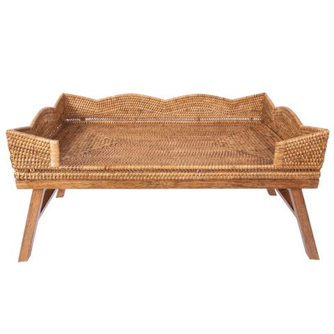Artifacts Rattan Scallop Design Breakfast Tray with Wooden Legs