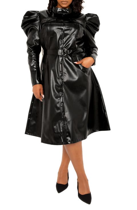 Puff Shoulder Long Sleeve Belted Faux Leather Shirtdress (Plus)