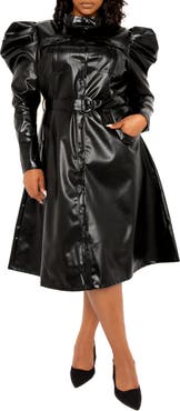 BUXOM COUTURE Puff Shoulder Long Sleeve Belted Faux Leather Shirtdress