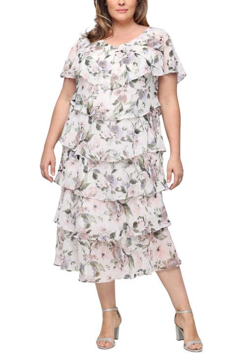 Tiered Floral Shimmer Midi Dress (Plus)