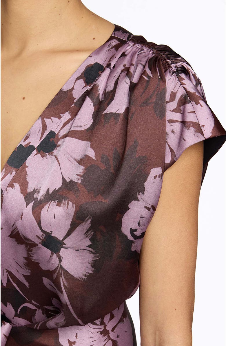 Santorelli Talia Faux-Wrap Cap Sleeve Midi Dress in Floral Twill Crepe, Alternate, color, Raisin