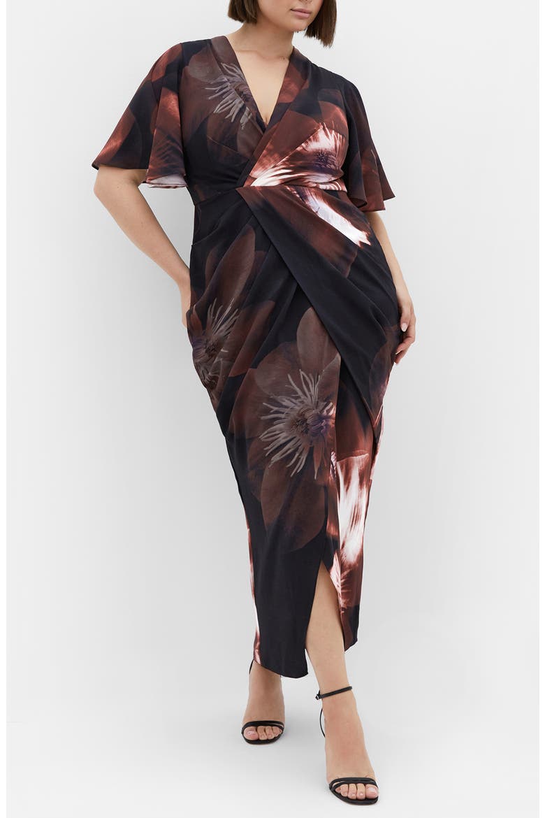 Braelynn Floral Flutter Sleeve Maxi Dress, Main, color, BLACK/ SUEDED ROSE