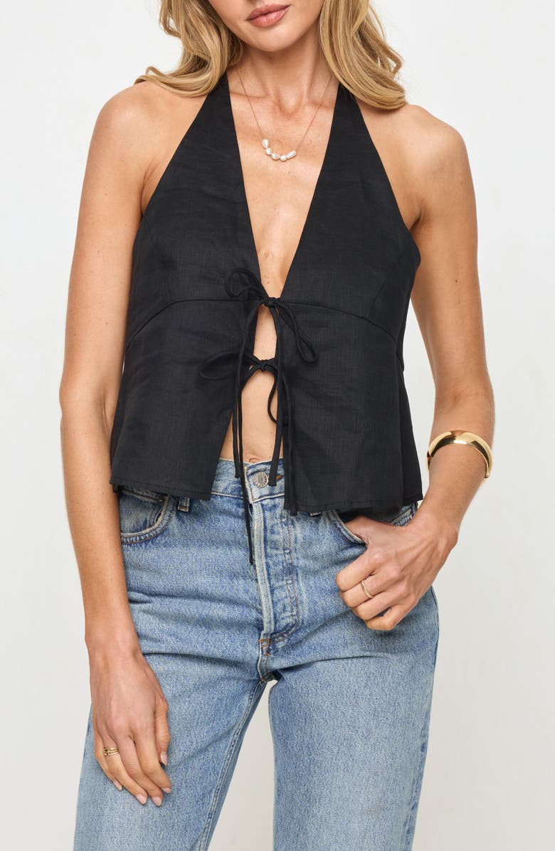 LSPACE April Tie Front Halter Linen Cover-Up Top, Main, color, Black