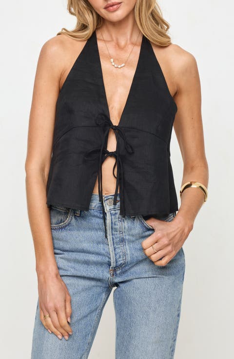 April Tie Front Halter Linen Cover-Up Top