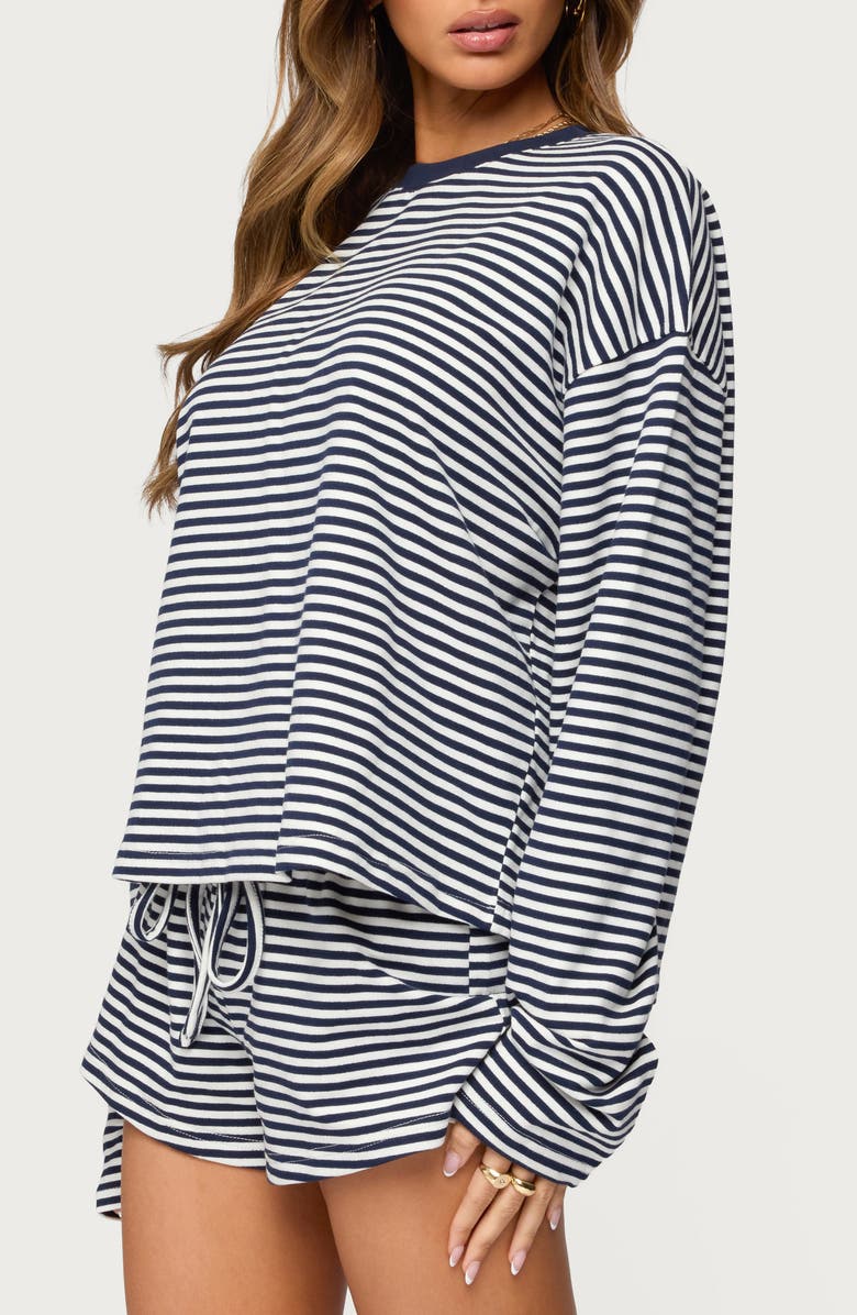EDIKTED Jainee Stripe Long Sleeve Stretch Cotton T-Shirt, Alternate, color, Navy