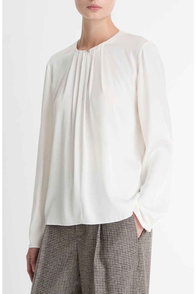Pleated Neck Silk Blend Top, Alternate, color, OFF WHITE