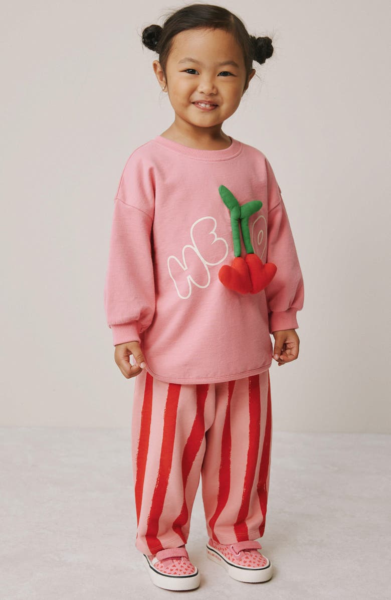 NEXT KIds' Hello Cherry Appliqué Cotton Sweatshirt & Stripe Sweatpants Set, Alternate, color, Pink