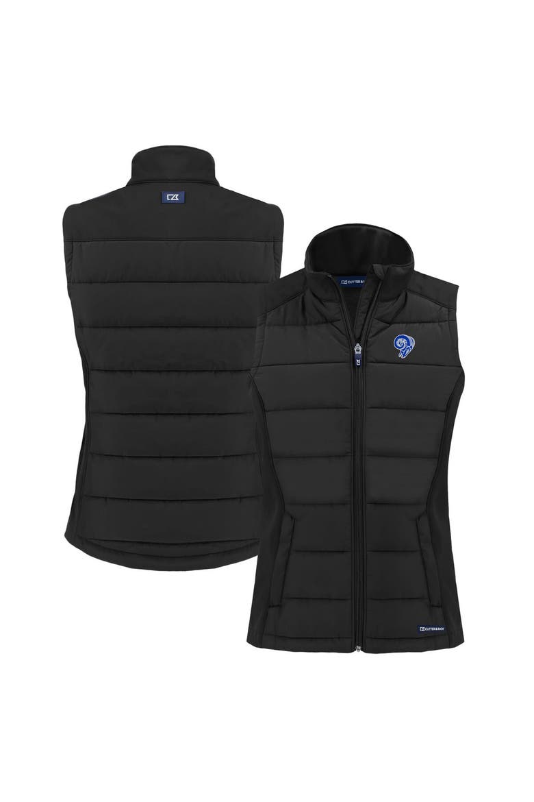 Women's Cutter & Buck  Black Los Angeles Rams Throwback Evoke Hybrid Eco Softshell Recycled Full-Zip Vest, Main, color, Black
