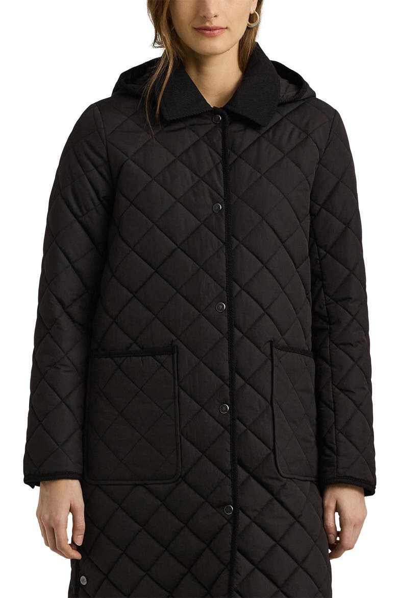 Hooded Longline Quilted Jacket, Alternate, color, BLACK
