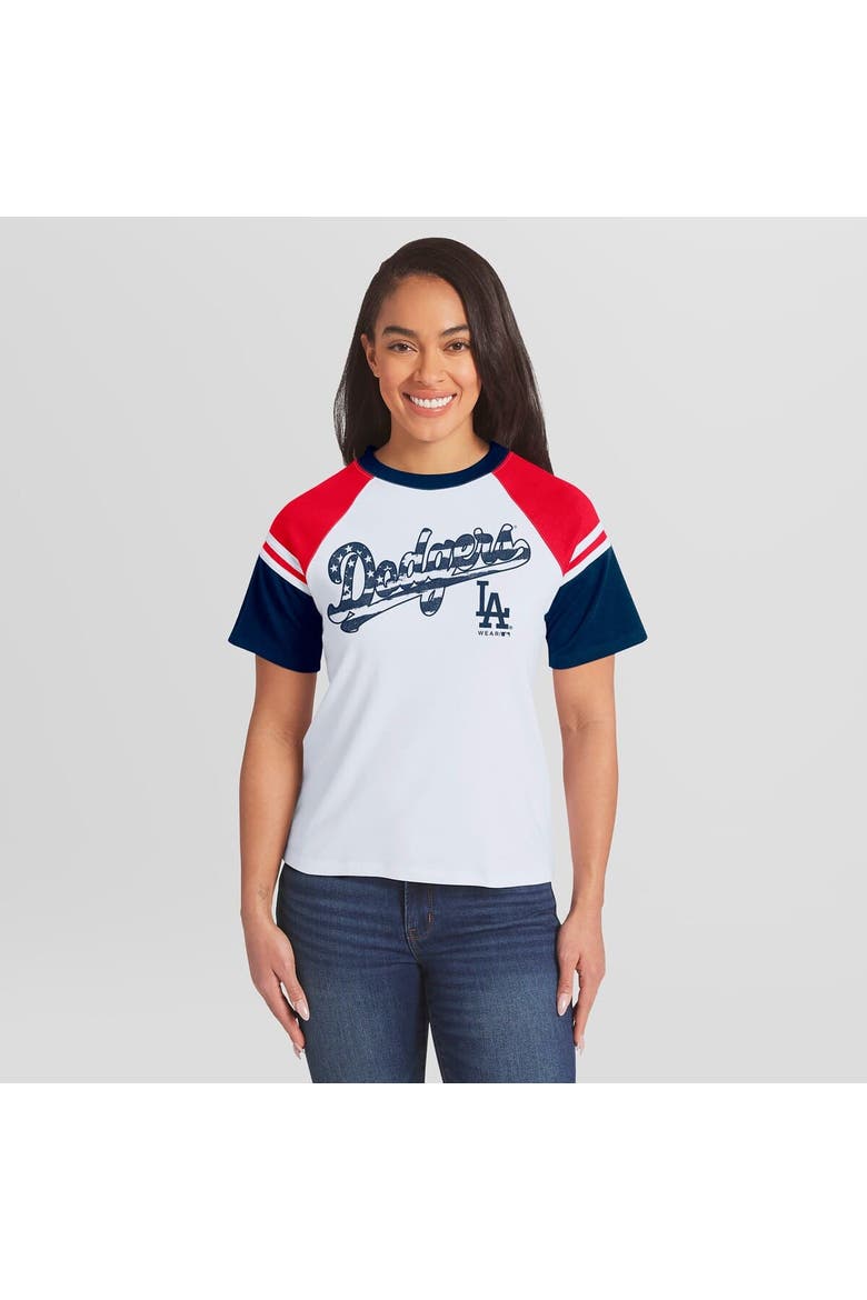 Women's WEAR by Erin Andrews White Los Angeles Dodgers Striped Raglan T-Shirt, Main, color, White