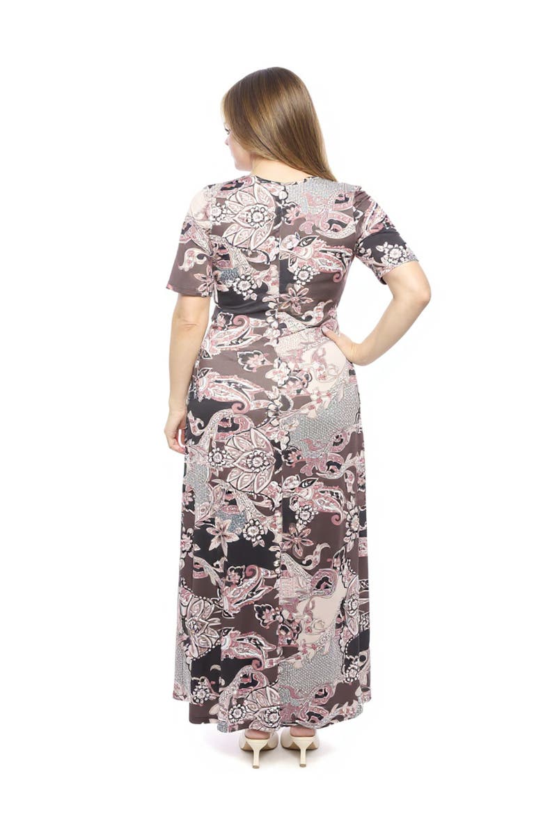 24seven Comfort Apparel Curvy Essential Scoop Neck Elbow Sleeve A-Line Maxi Dress, Alternate, color, Brown Multi