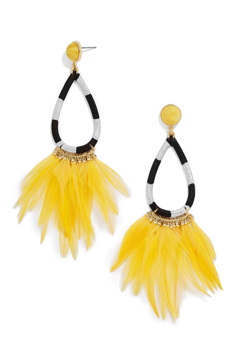 Marigold Feather Shoulder Duster Earrings, Main, color, NEON YELLOW