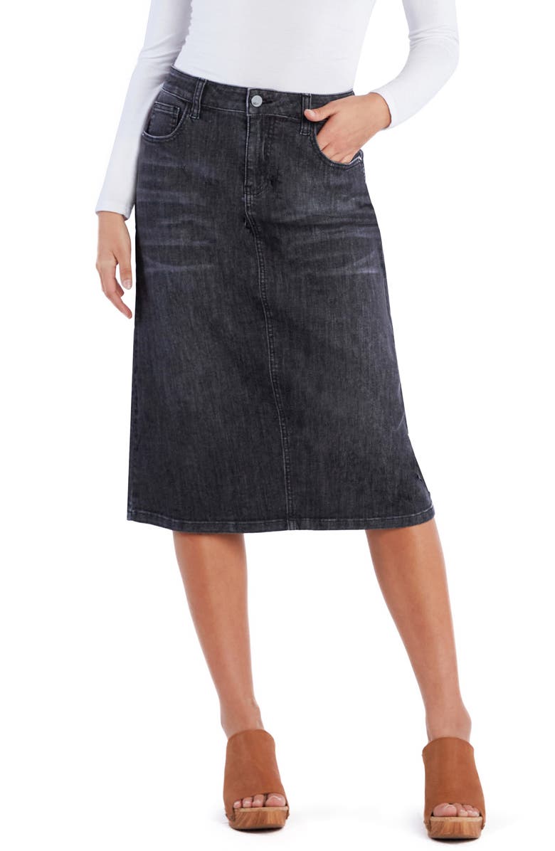 Wash Lab Denim Slick Denim Midi Skirt, Main, color, Slick Black