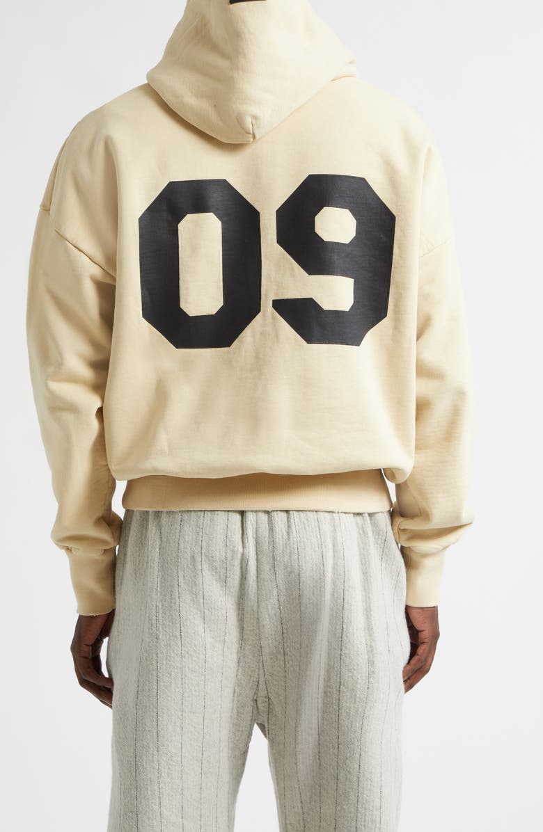 Fear of God Classic Fit '09 Cotton Fleece Logo Graphic Hoodie, Alternate, color, Dirty Ivory