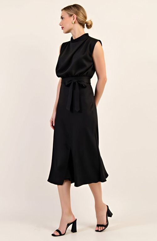 Modenaire Sleeveless Mock Neck Midi Dress With Waist Tie And Flared Hem In Black