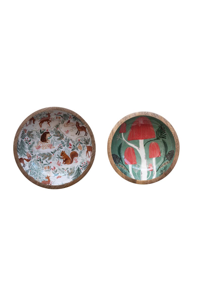 Enameled Mango Wood Bowls with Woodland Flora/Fauna Pattern, Set of 2, Main, color, Multicolor