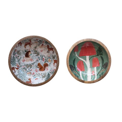 Enameled Mango Wood Bowls with Woodland Flora/Fauna Pattern, Set of 2