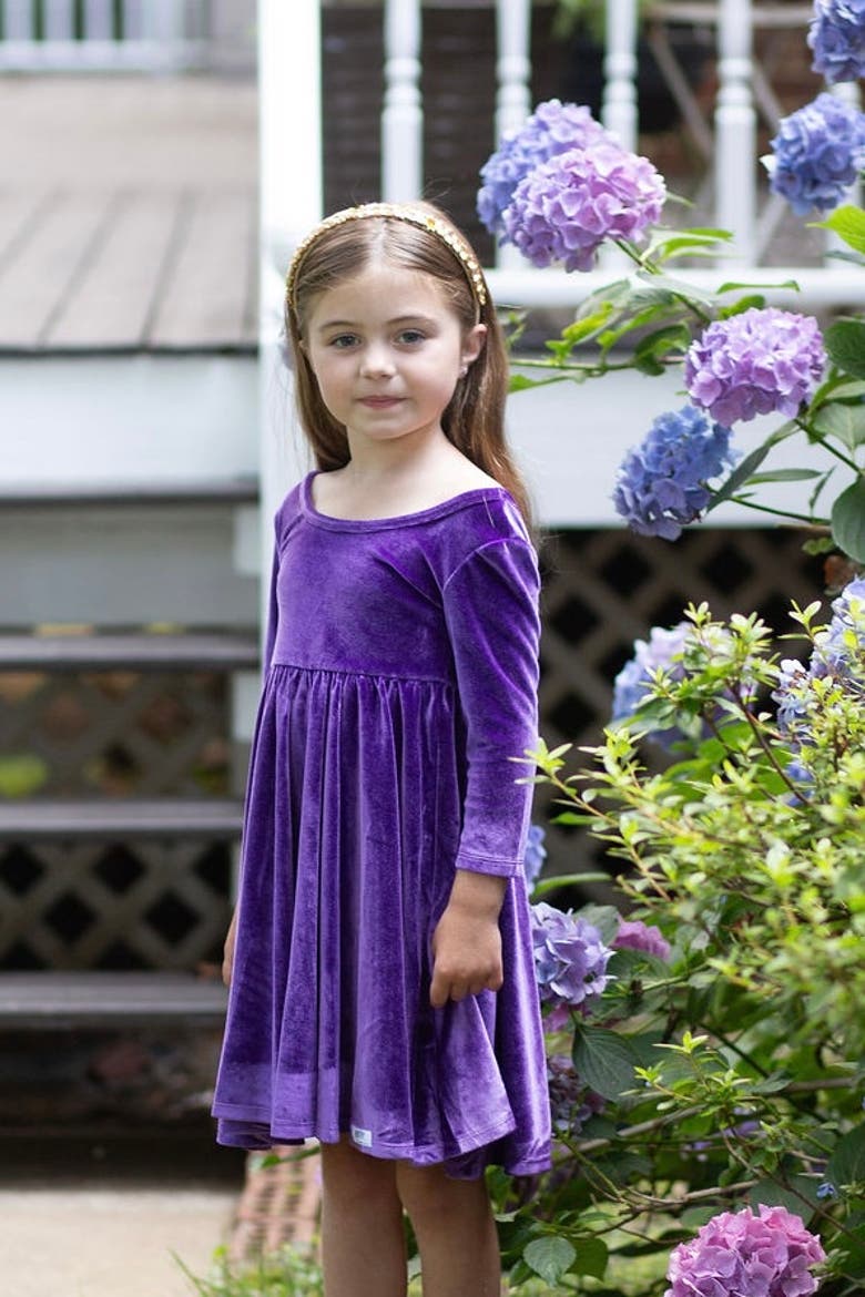 Girls Stretch Velvet Twirly Dress, Alternate, color, Dark Purple