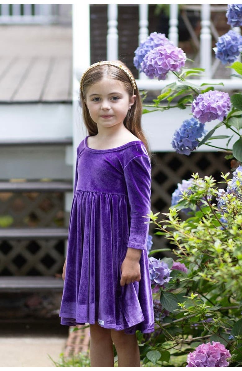 WORTHY THREADS Girls Stretch Velvet Twirly Dress, Alternate, color, Dark Purple