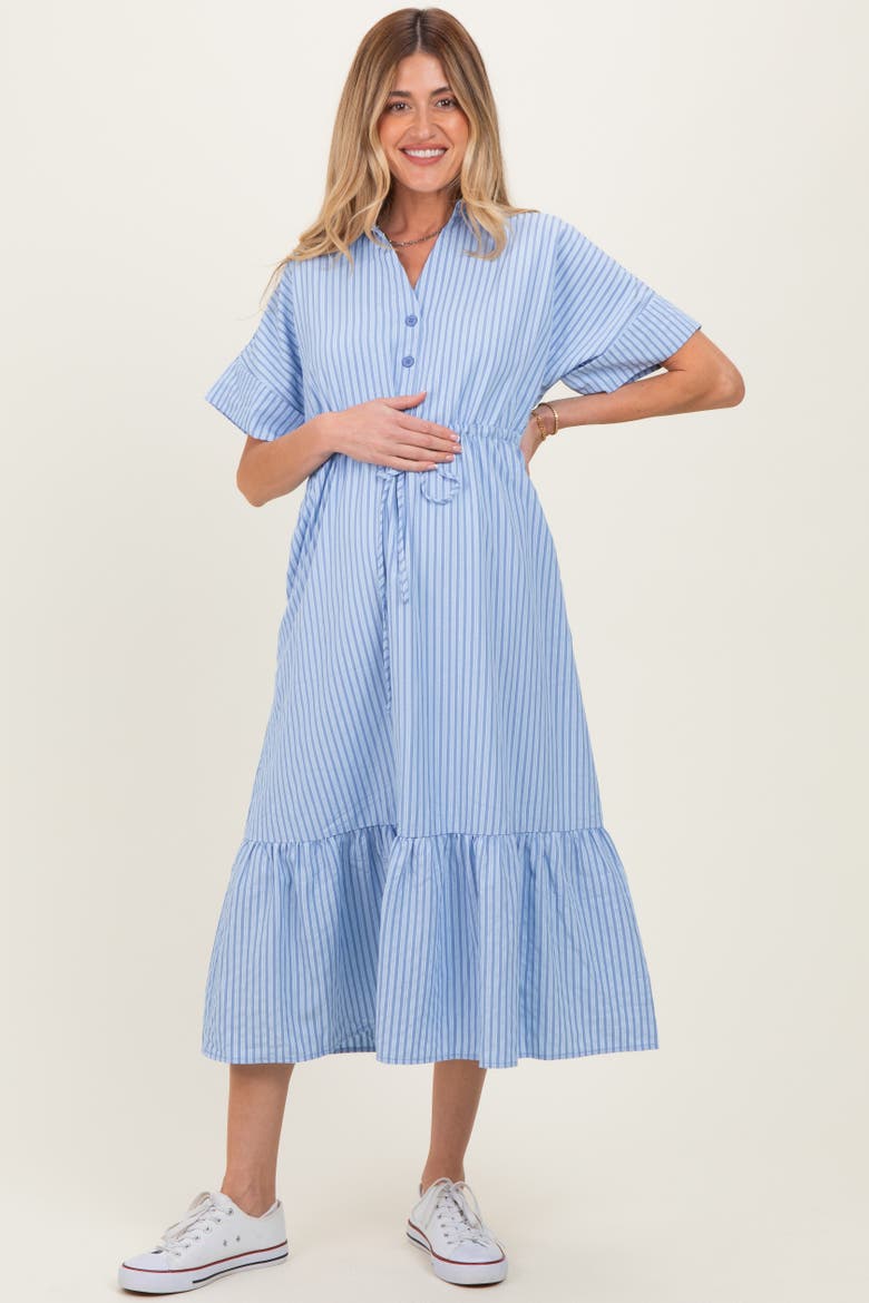 Blue Striped Button Collared Midi Dress, Main, color, Light Blue