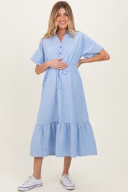 PinkBlush Blue Striped Button Collared Midi Dress